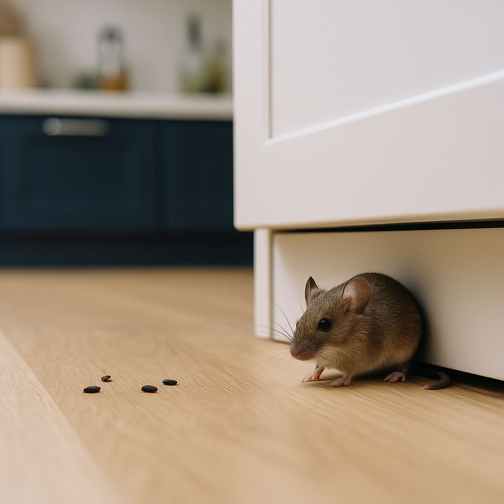 Mouse-emerging-from-under-kitchen-cupboard-during-autumn-in-York-home Mouse emerging from under kitchen cupboard during autumn in York home