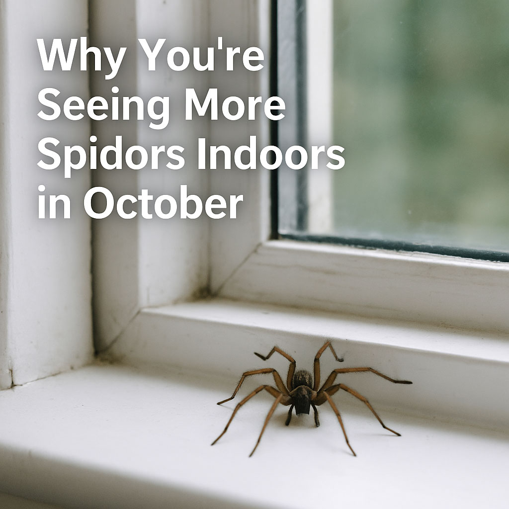Spider on a windowsill inside a British home in autumn with text reading ‘Why You’re Seeing More Spiders Indoors in October Spider on a windowsill inside a British home in autumn with text reading ‘Why You’re Seeing More Spiders Indoors in October