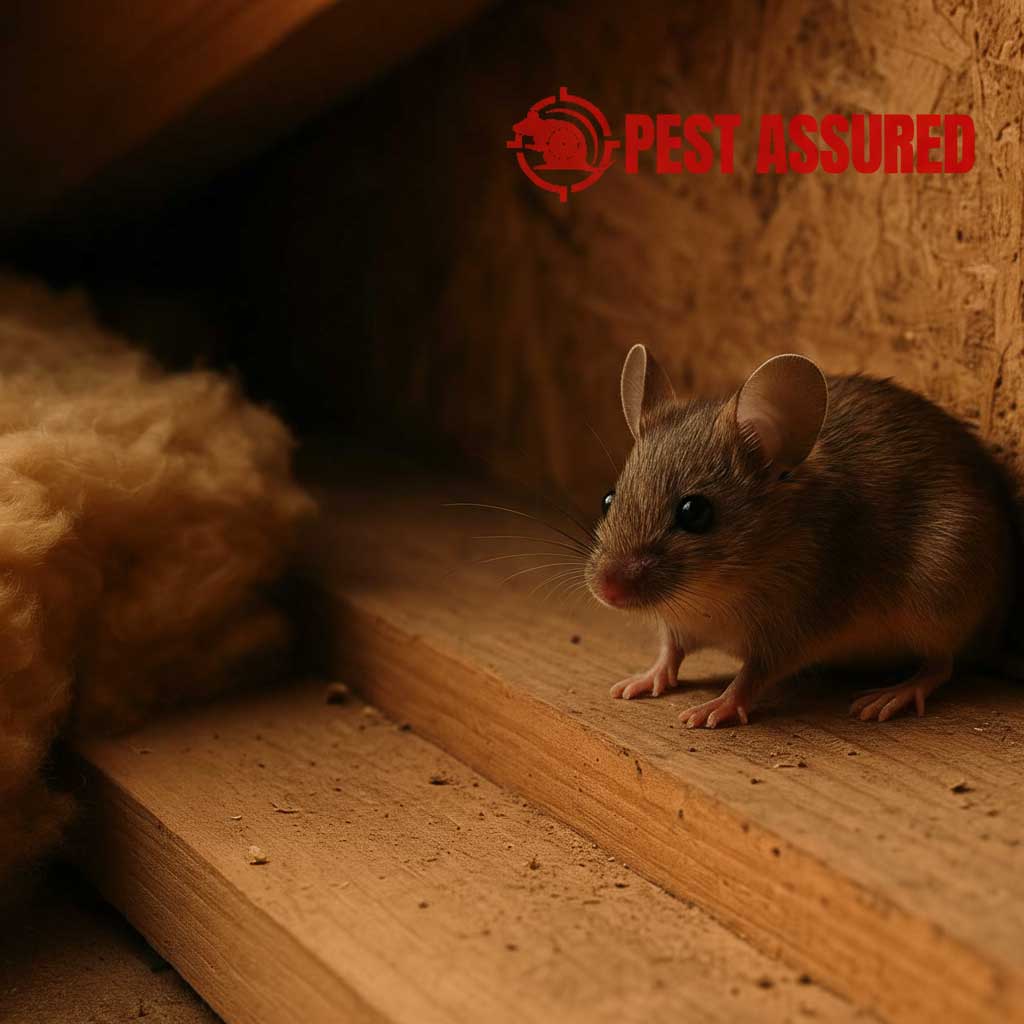 mouse-in-loft-york-pest-assured realistic photo of a small mouse in a UK loft near insulation, used for Pest Assured pest control blog about mice in lofts