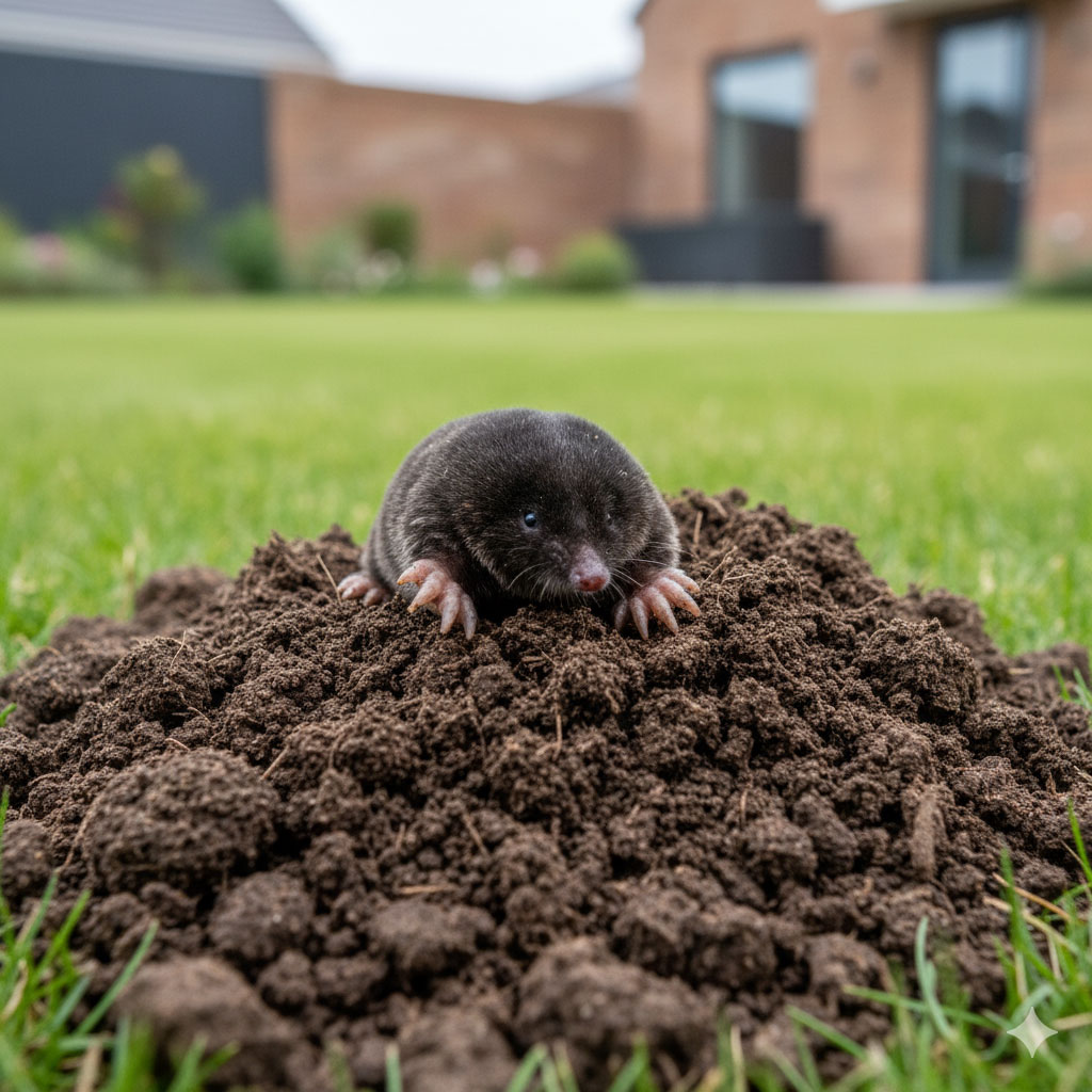 Modern wildlife photo of a mole emerging from a soil mound in a British garden<br />
