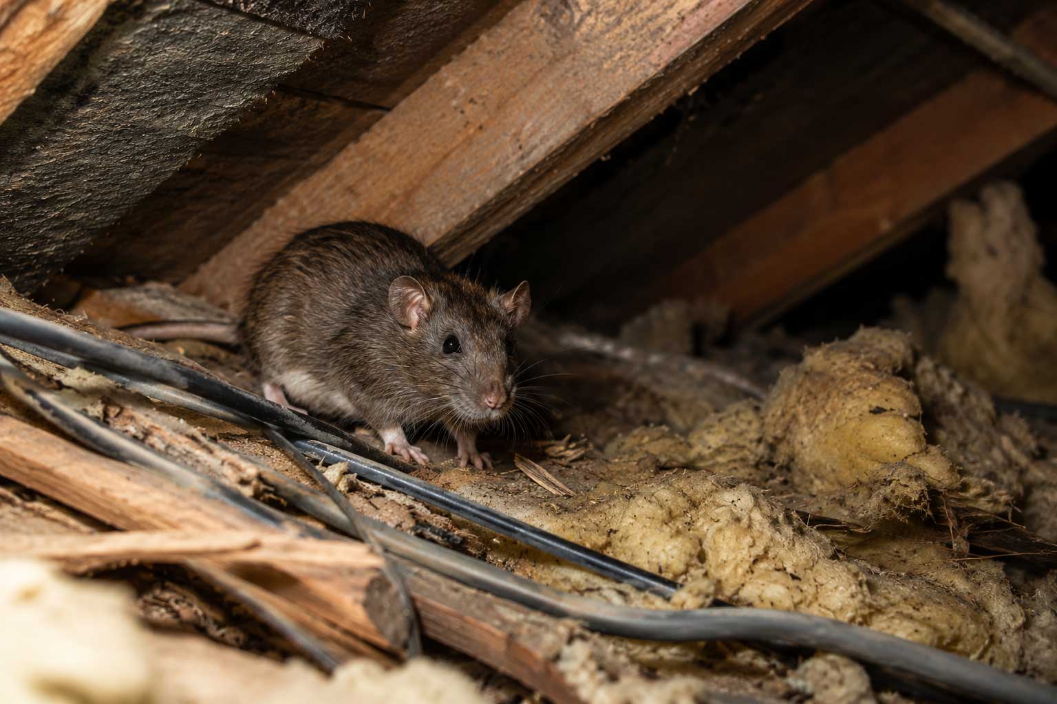 Rat in a domestic loft space near insulation and wiring in a York property