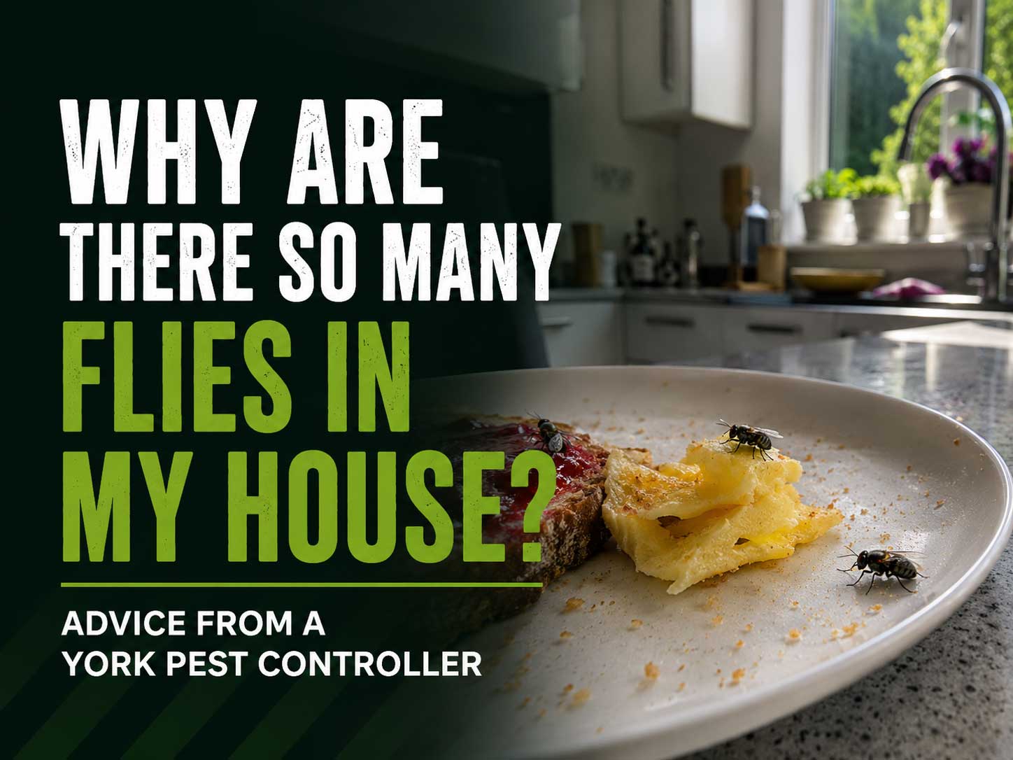 Flies on food in a modern kitchen in York home